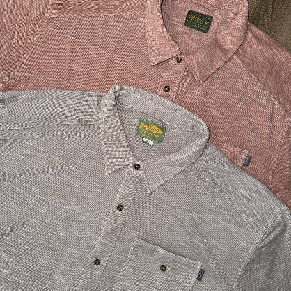 Lot Of 2 Marsh Wear Knit Coffin Point Shirt Men's 2XL Grey Red Short Sleeve